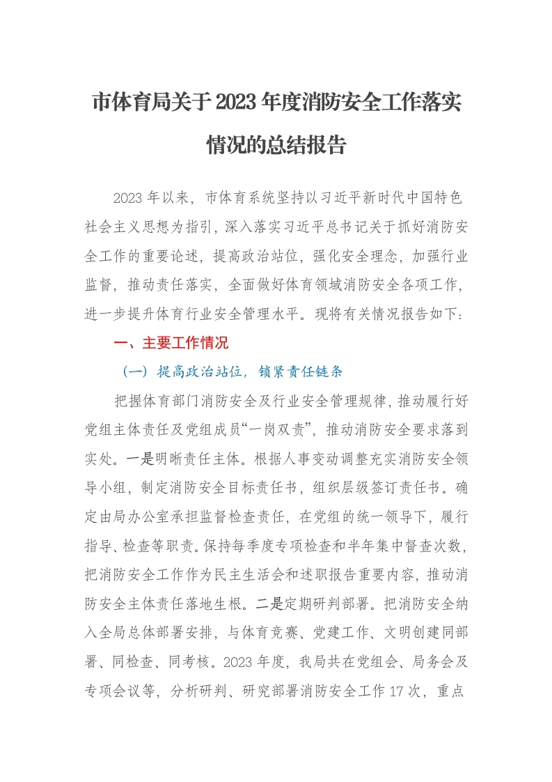 市体育局关于2023年度消防安全工作落实情况的总结报告