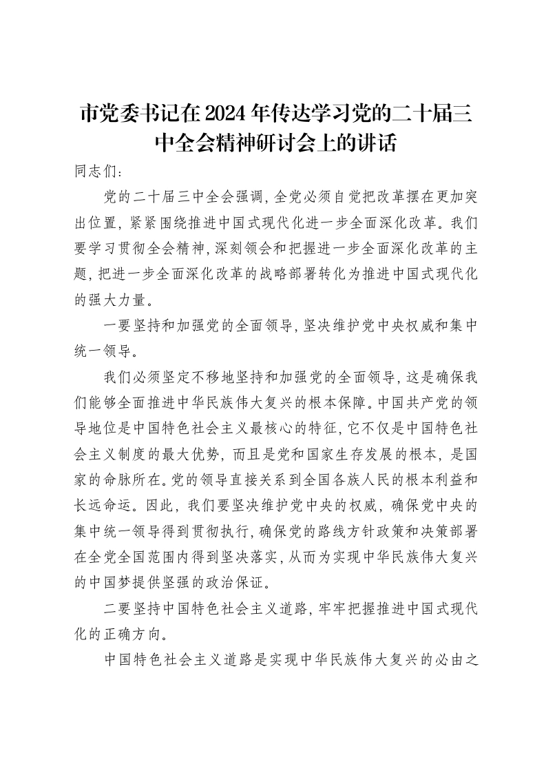 市党委书记在2024年传达学习党的二十届三中全会精神研讨会上的讲话