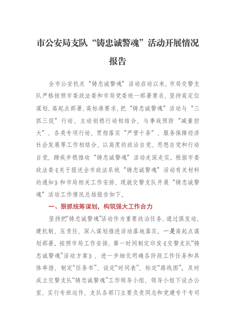市公安局支队“铸忠诚警魂”活动开展情况报告