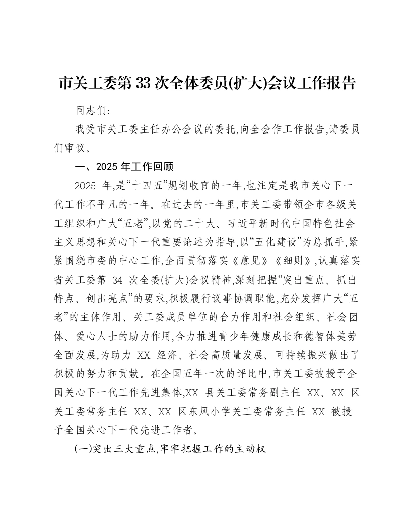 市关工委第33次全体委员(扩大)会议工作报告