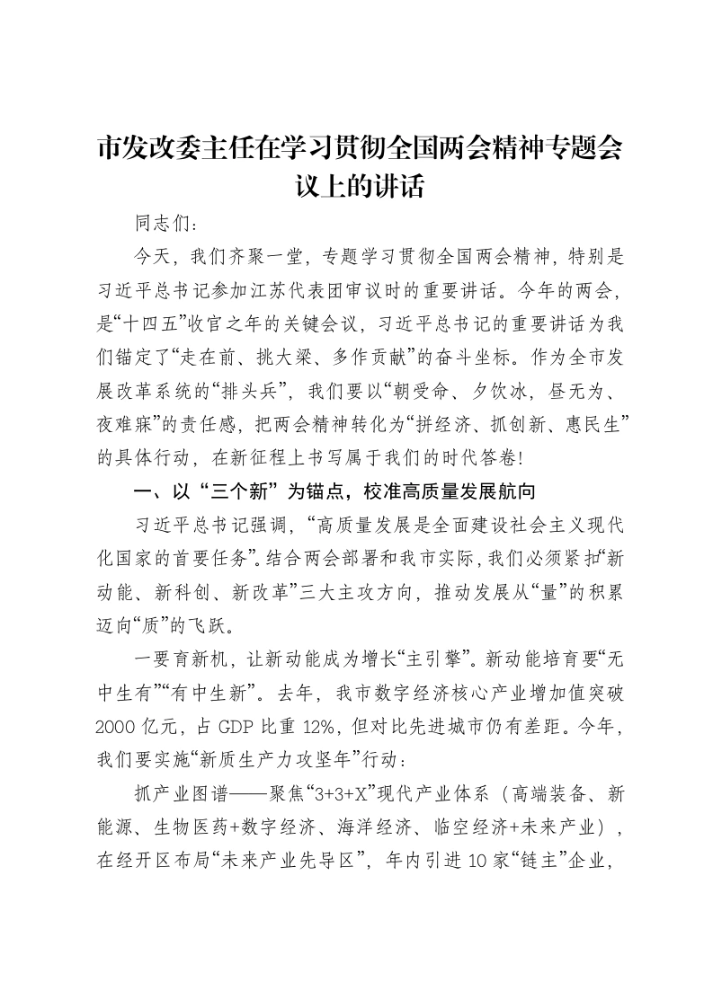 市发改委主任在学习贯彻全国两会精神专题会议上的讲话