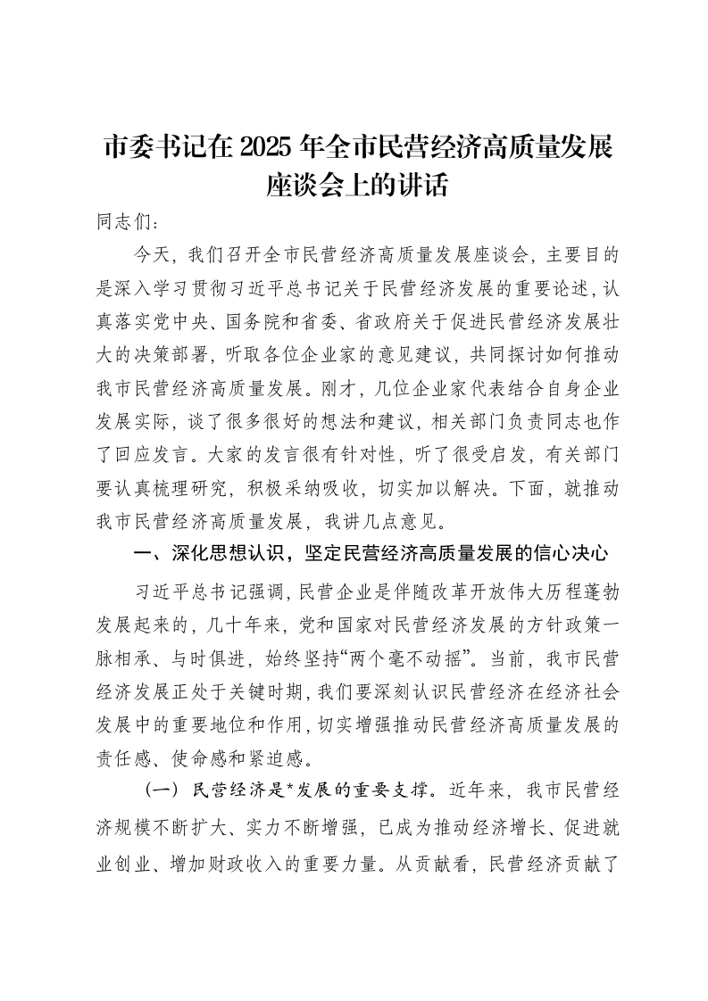 市委书记在2025年全市民营经济高质量发展座谈会上的讲话