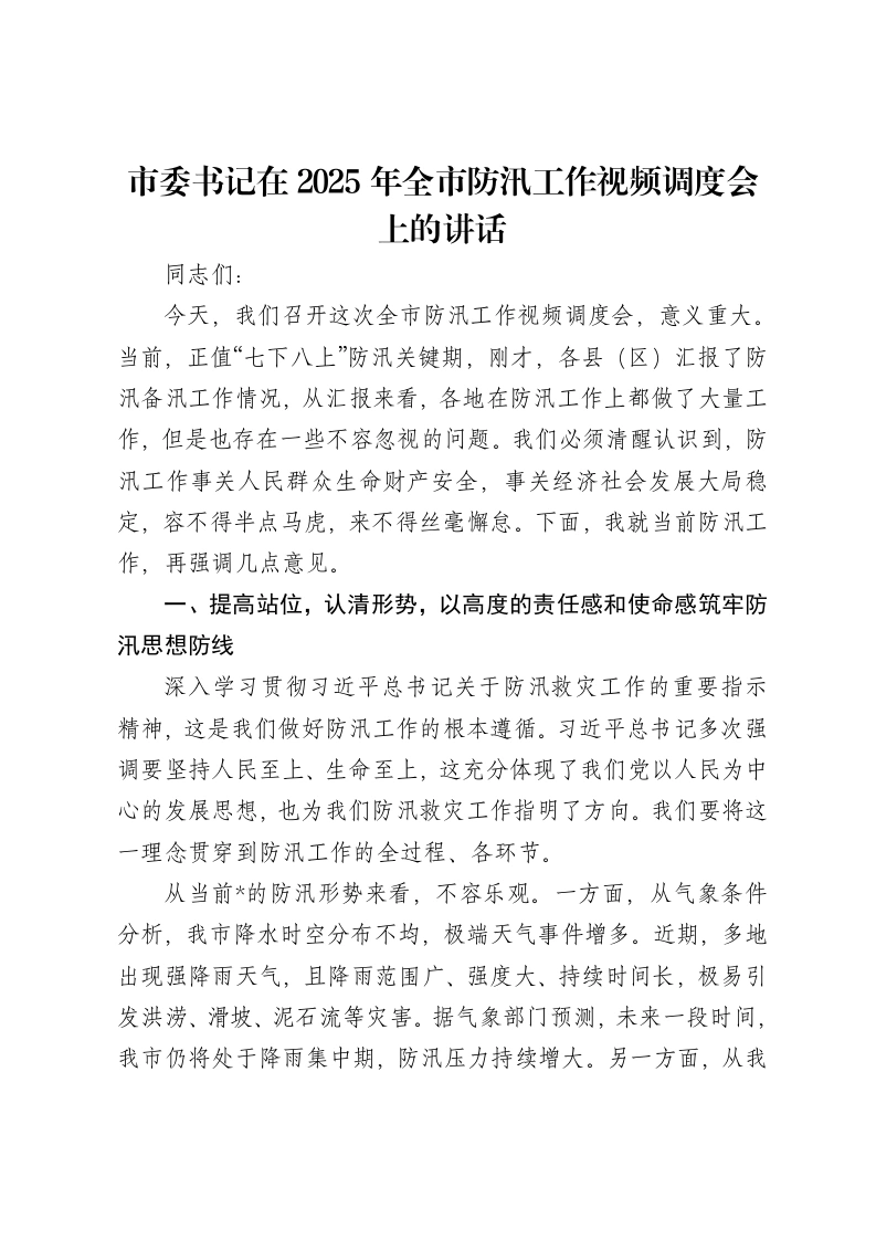 市委书记在2025年全市防汛工作视频调度会上的讲话