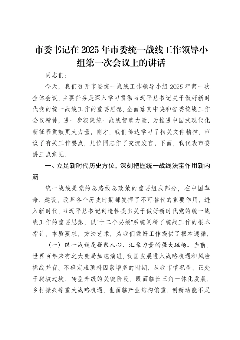 市委书记在2025年市委统一战线工作领导小组第一次会议上的讲话