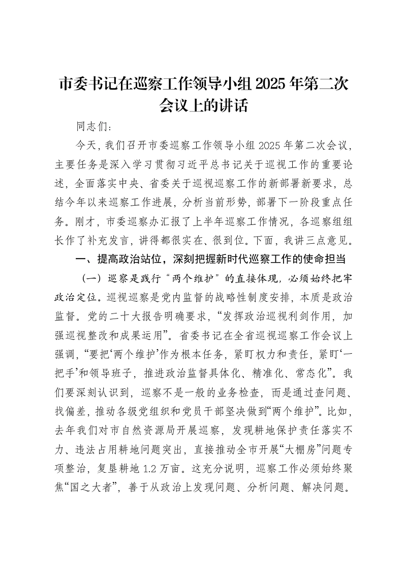 市委书记在巡察工作领导小组2025年第二次会议上的讲话