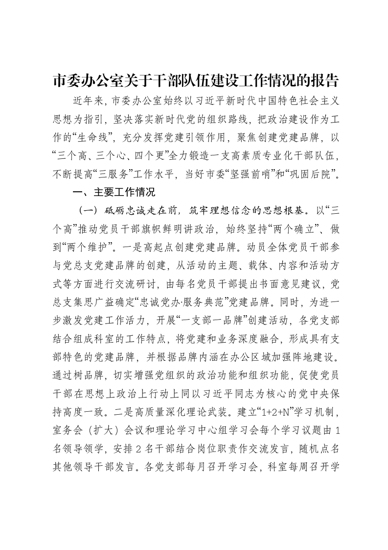 市委办公室关于干部队伍建设工作情况的报告