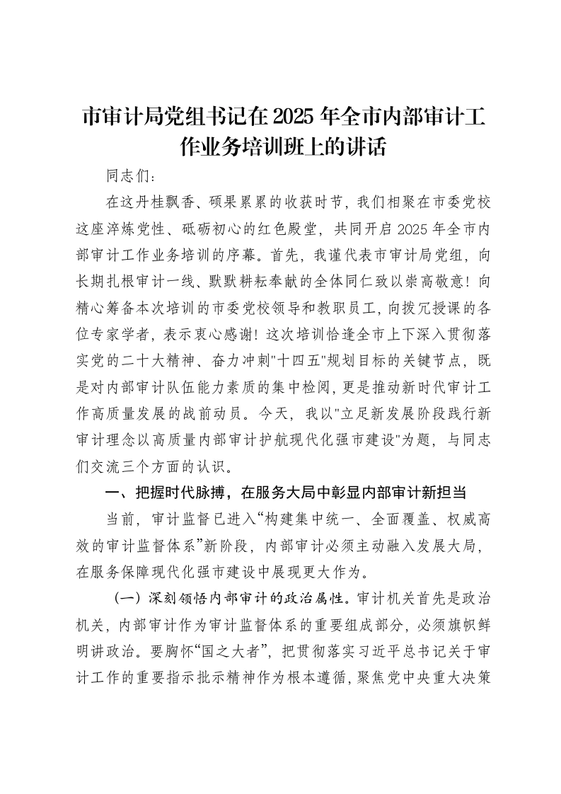 市审计局党组书记在2025年全市内部审计工作业务培训班上的讲话