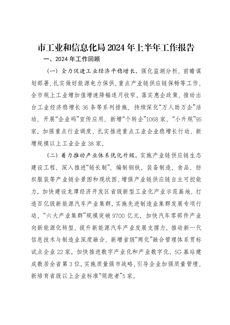 市工业和信息化局2024年上半年工作报告