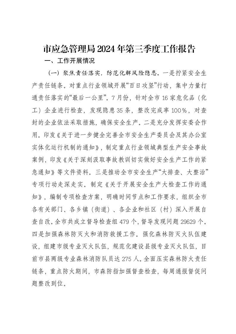 市应急管理局2024年第三季度工作报告