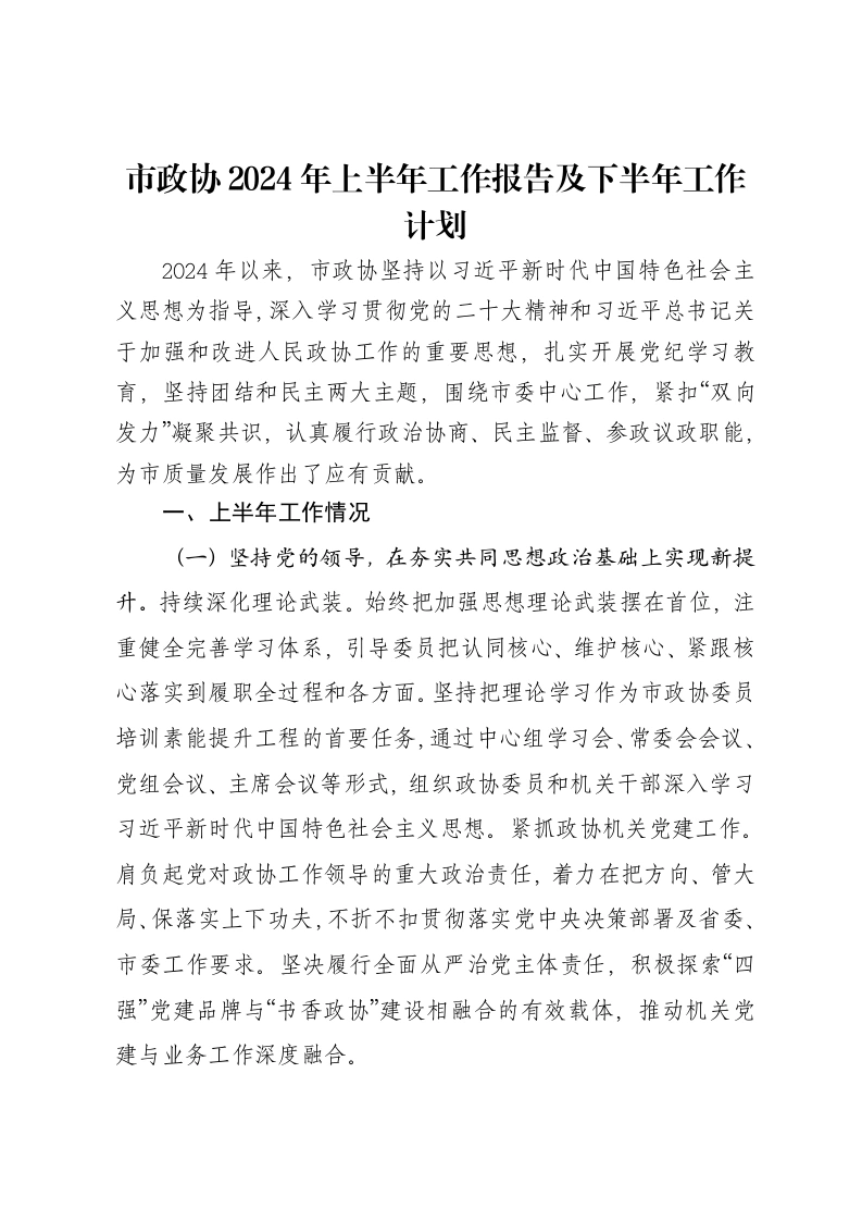 市政协2024年上半年工作报告及下半年工作计划