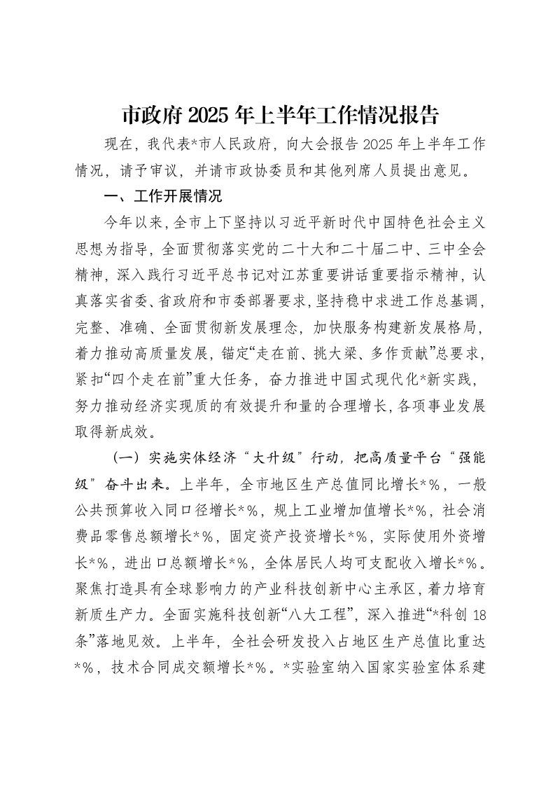 市政府2025年上半年工作情况报告