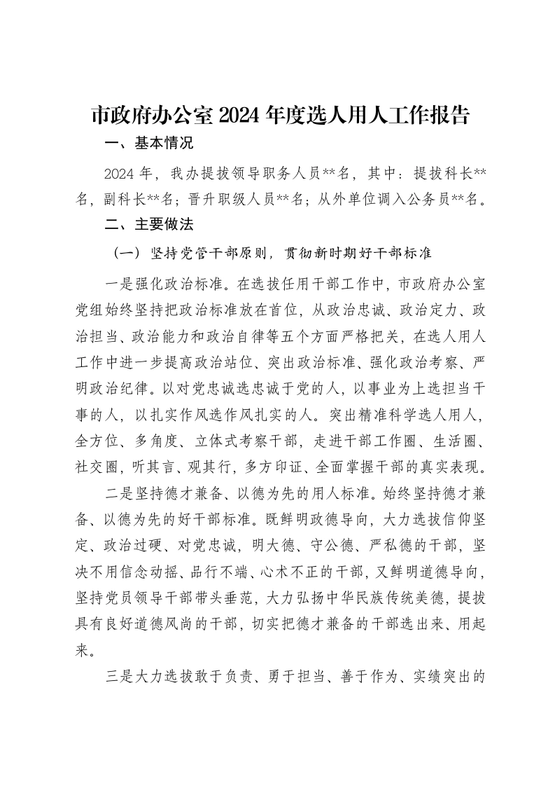市政府办公室2024年度选人用人工作报告