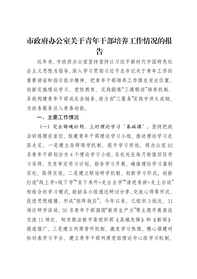 市政府办公室关于青年干部培养工作情况的报告