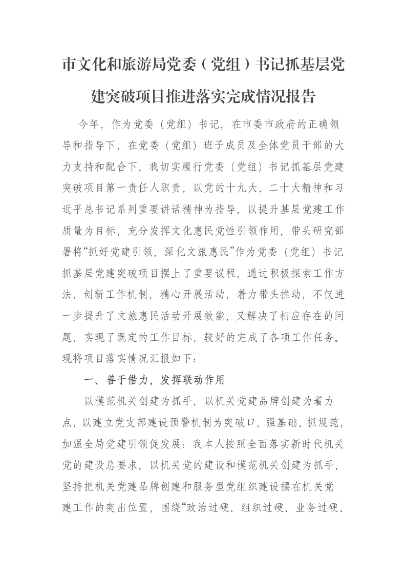 市文化和旅游局党委（党组）书记抓基层党建突破项目推进落实完成情况报告