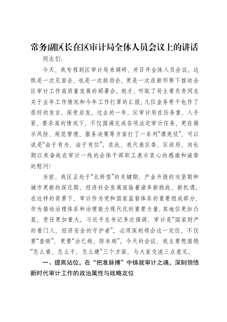 常务副区长在区审计局全体人员会议上的讲话