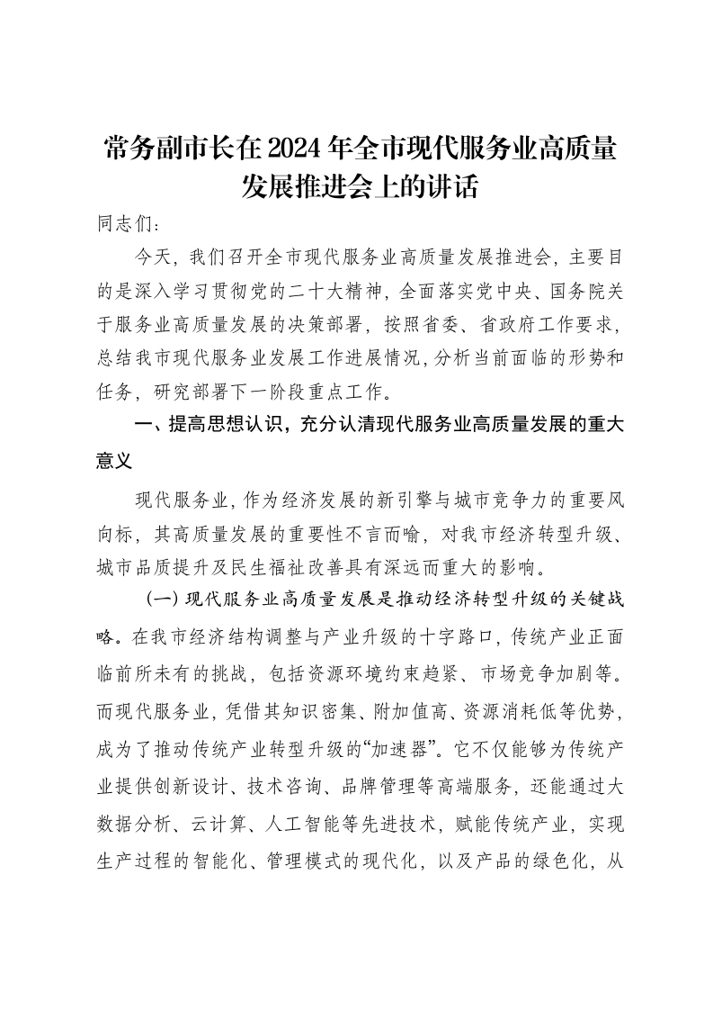 常务副市长在2024年全市现代服务业高质量发展推进会上的讲话-笔杆云