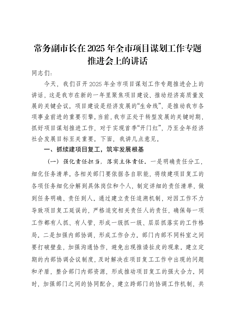 常务副市长在2025年全市项目谋划工作专题推进会上的讲话-笔杆云