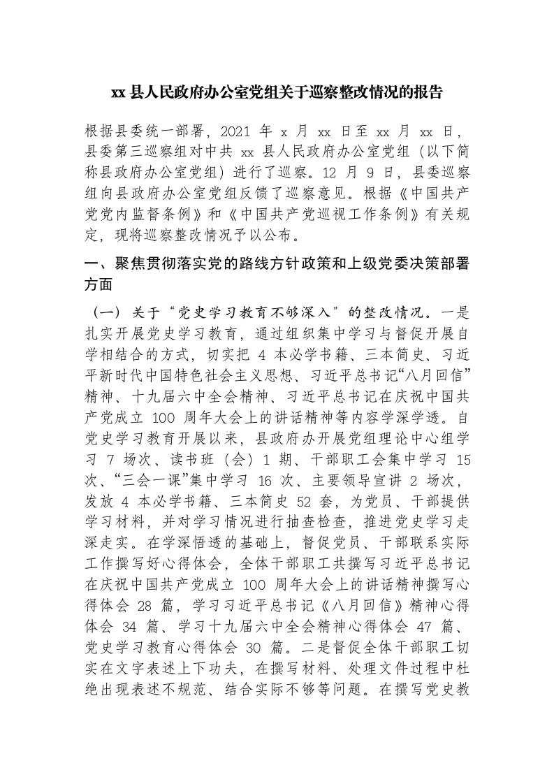 政府办公室党组关于巡察XXX情况的报告