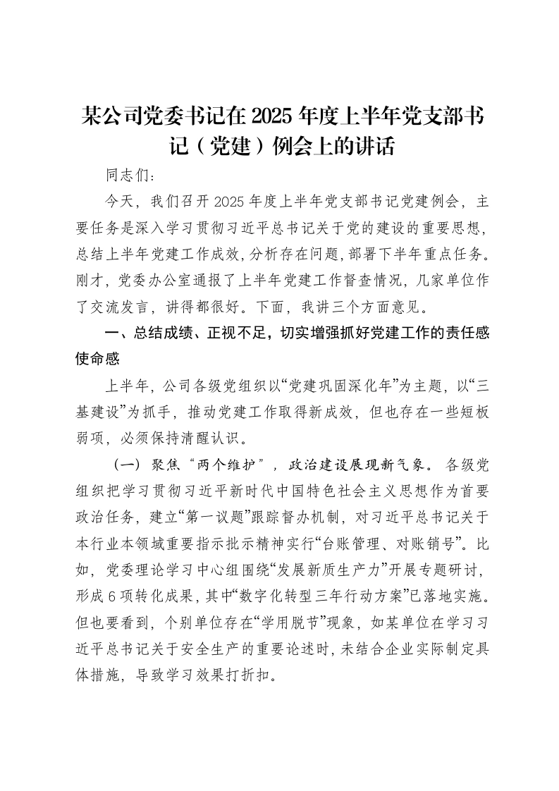 某公司党委书记在2025年度上半年党支部书记（党建）例会上的讲话