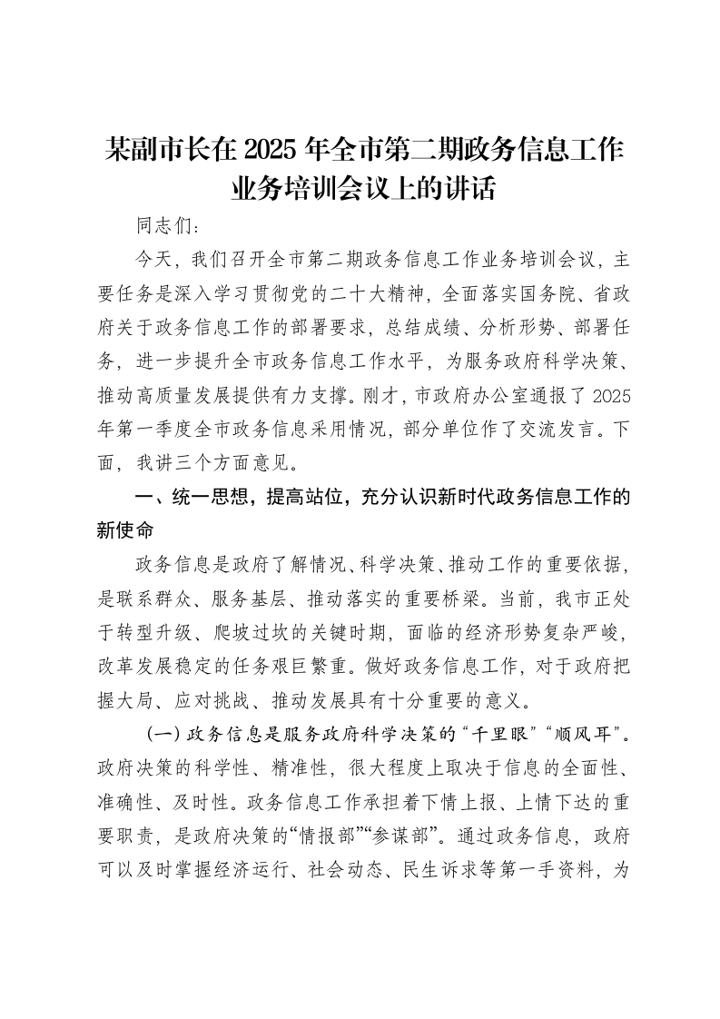 某副市长在2025年全市第二期政务信息工作业务培训会议上的讲话