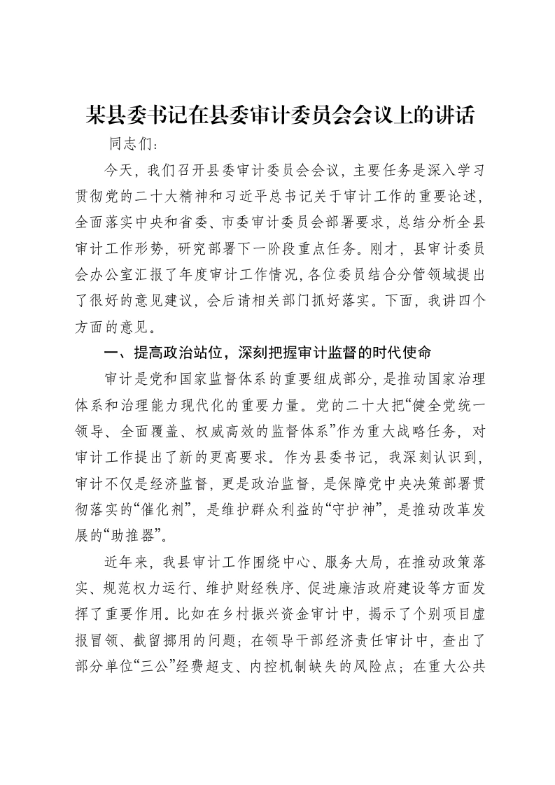 某县委书记在县委审计委员会会议上的讲话
