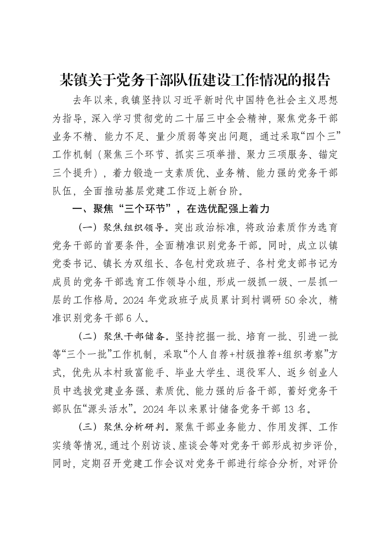 某镇关于党务干部队伍建设工作情况的报告