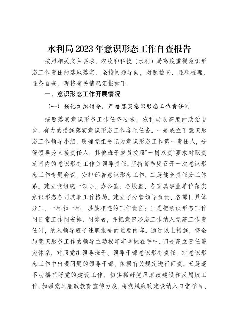 水利局2023年意识形态工作自查报告-笔杆云