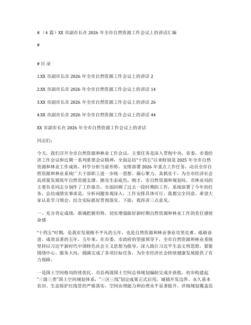 汇编：XX市副市长在2026年全市自然资源工作会议上的讲话4篇-笔杆云