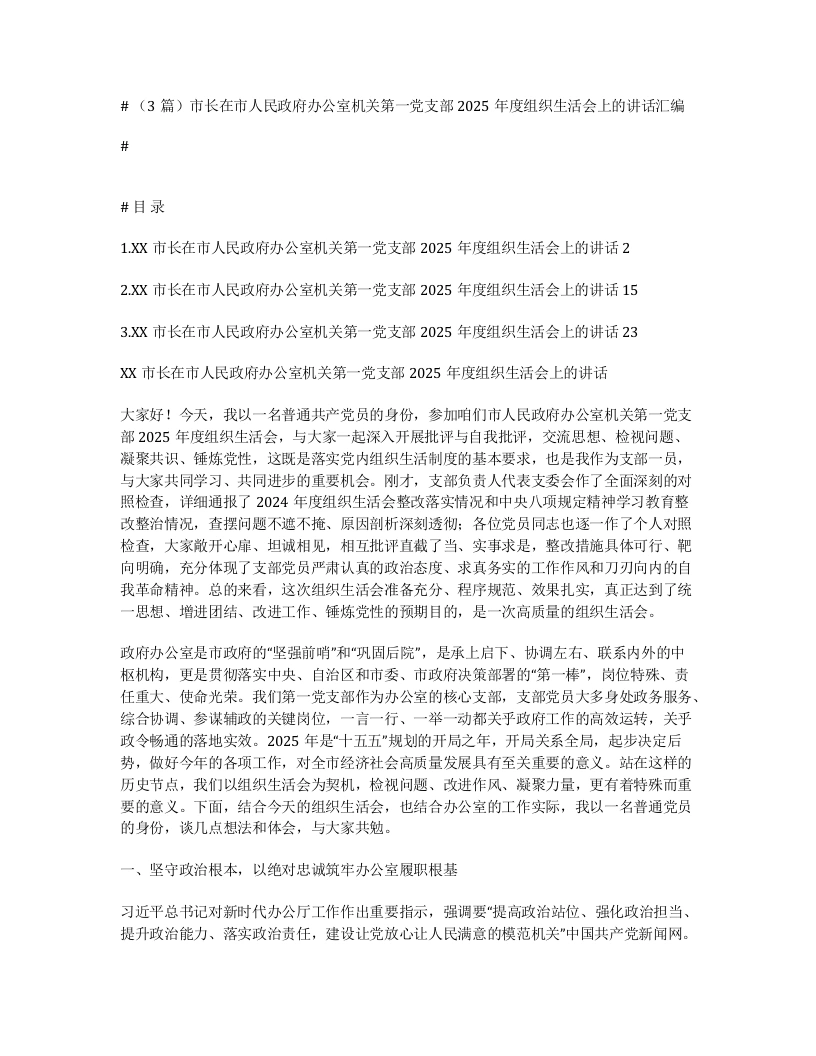 汇编：市长在市人民政府办公室机关第一党支部2025年度组织xxx上的讲话3篇-笔杆云