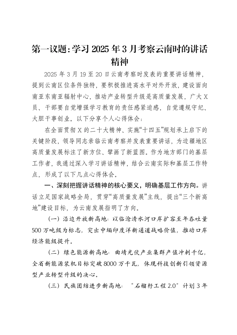 第一议题：学习2025年3月考察云南时的讲话精神