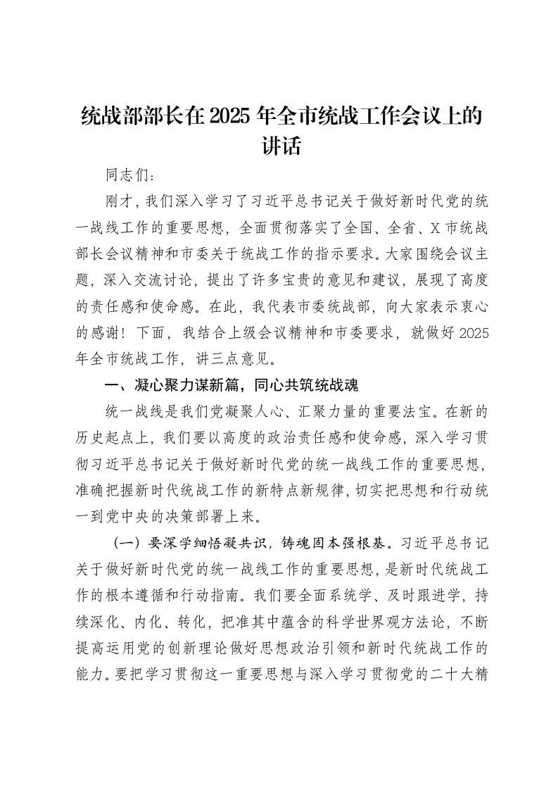 统战部部长在2025年全市统战工作会议上的讲话