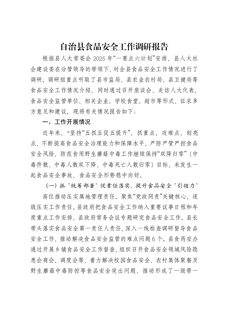 自治县食品安全工作调研报告