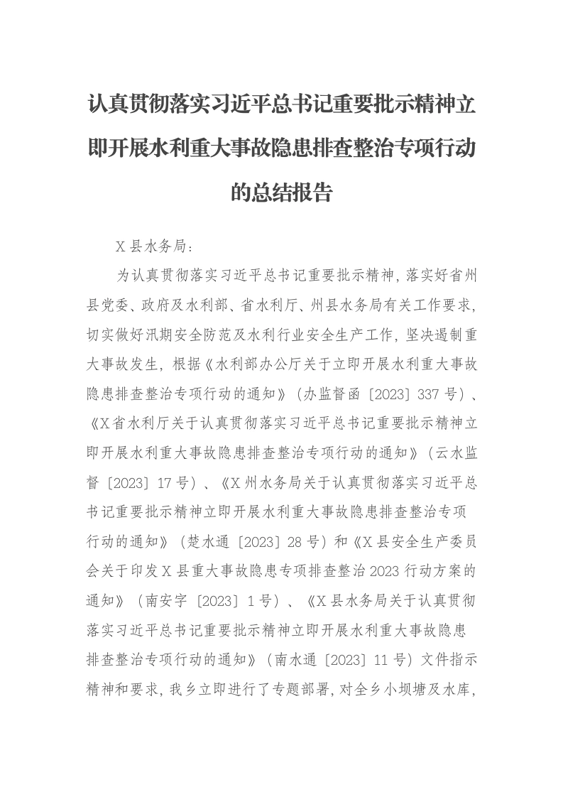 认真贯彻落实习近平总书记重要批示精神立即开展水利重大事故隐患排查整治专项行动的总结报告