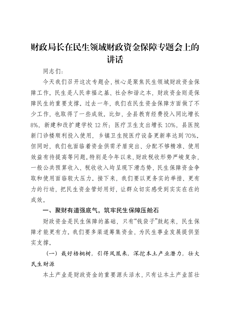 财政局长在民生领域财政资金保障专题会上的讲话-笔杆云