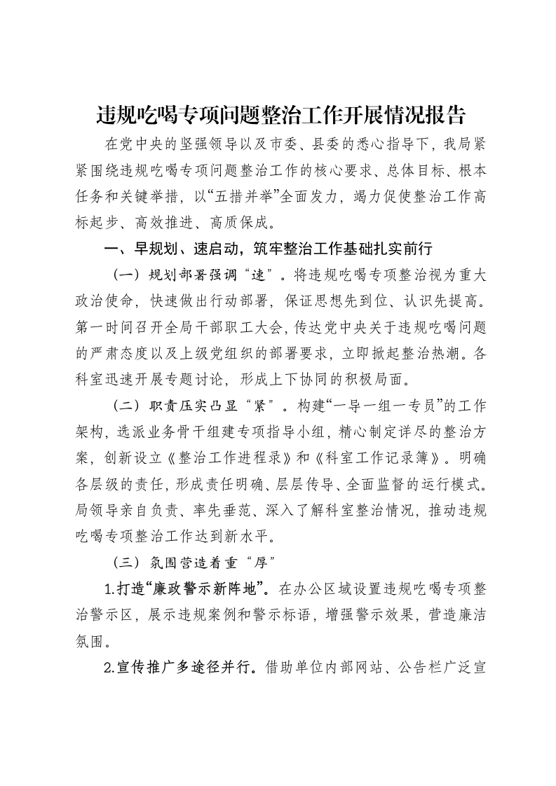 违规吃喝专项问题整治工作开展情况报告-笔杆云