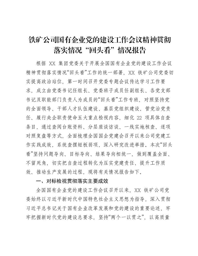 铁矿公司国有企业党的建设工作会议精神贯彻落实情况“回头看”情况报告-笔杆云