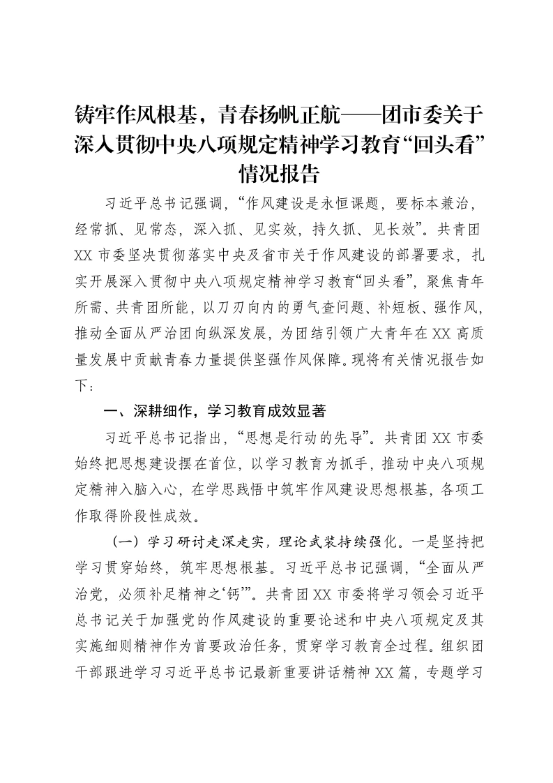 铸牢作风根基，青春扬帆正航——团市委关于深入贯彻中央八项规定精神学习教育“回头看”情况报告