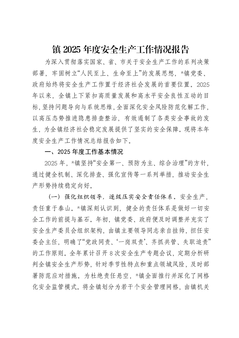 镇2025年度安全生产工作情况报告
