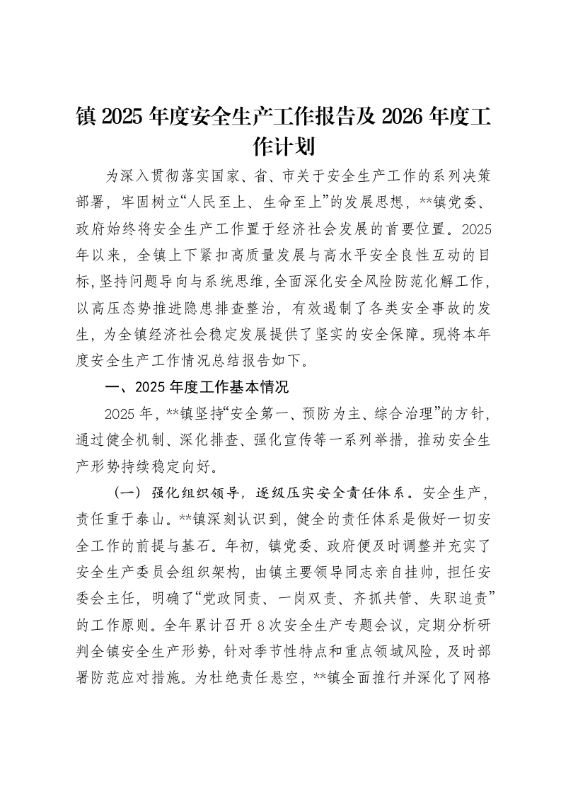 镇2025年度安全生产工作报告及2026年度工作计划
