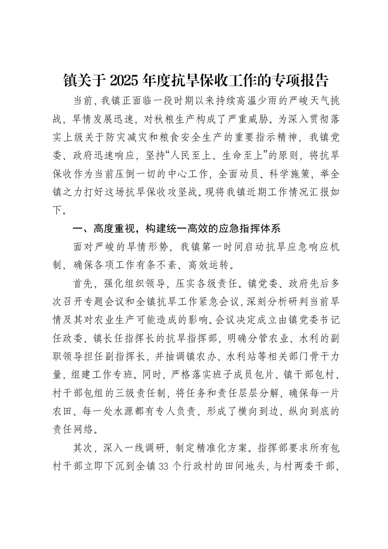镇关于2025年度抗旱保收工作的专项报告