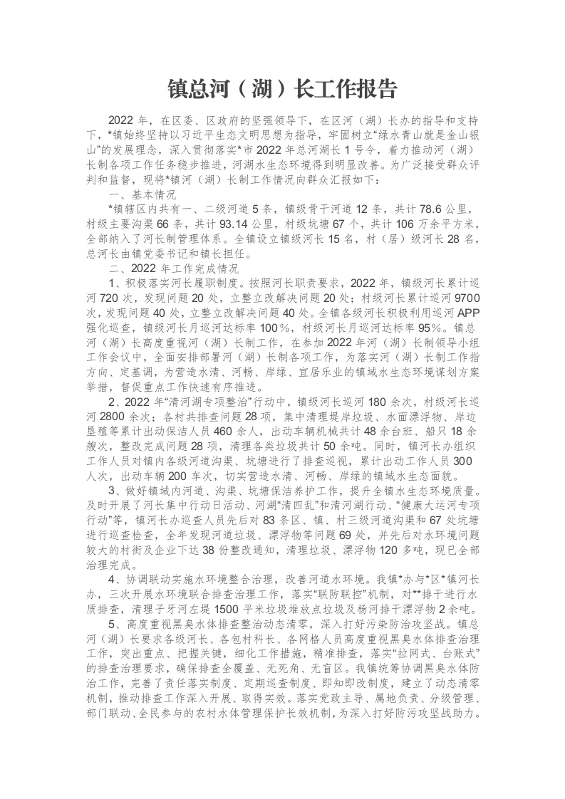 镇总河（湖）长工作报告