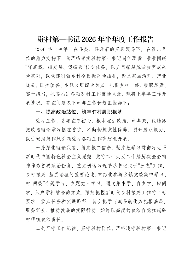 驻村第一书记2026年半年度工作报告-笔杆云